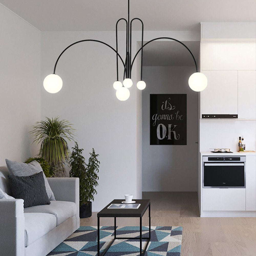 Globella 6-head pendant chandelier with glass globes, black metal arcs for dining rooms on Tampa Home & Garden Store