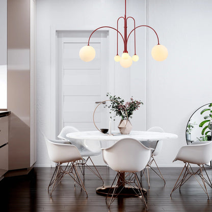 Chandelier Globella 6-Head pendant by Moktan Sabai, red metal frame with glass globes on Tampa Home & Garden Store