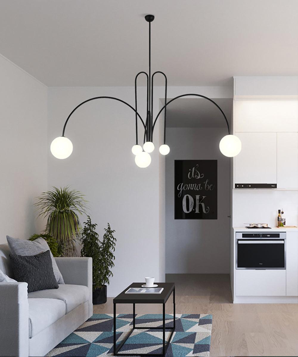 Chandelier Globella 6-head pendant with glass globes, black metal, adjustable drop on Tampa Home & Garden Store