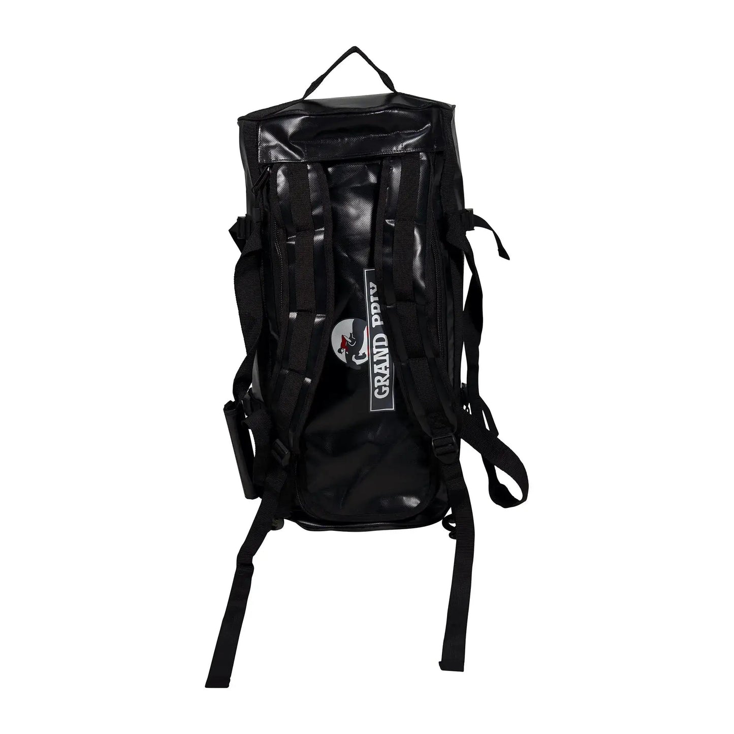 Grand Prix Duffle Backpack Travel Bag, black glossy finish with multiple straps on Tampa Home & Garden Store
