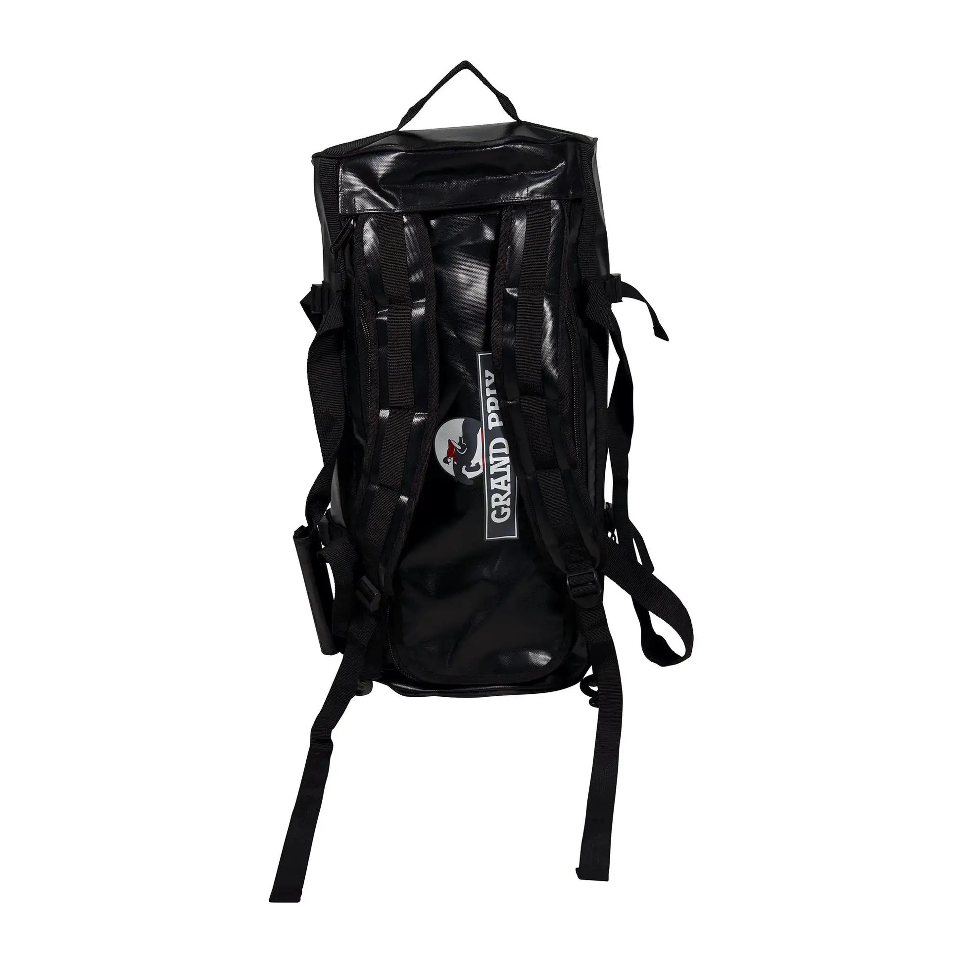 Grand Prix Duffle Backpack Travel Bag, black glossy finish with multiple straps on Tampa Home & Garden Store