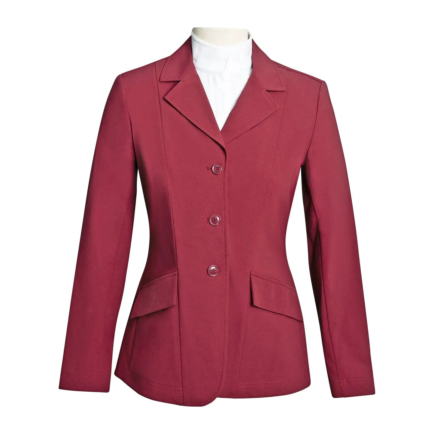 Grand Prix Ladies EQJ 3 Button Show Coat burgundy NY Tech Fabric by Huntley Equestrian, riding apparel on Tampa Home & Garden Store