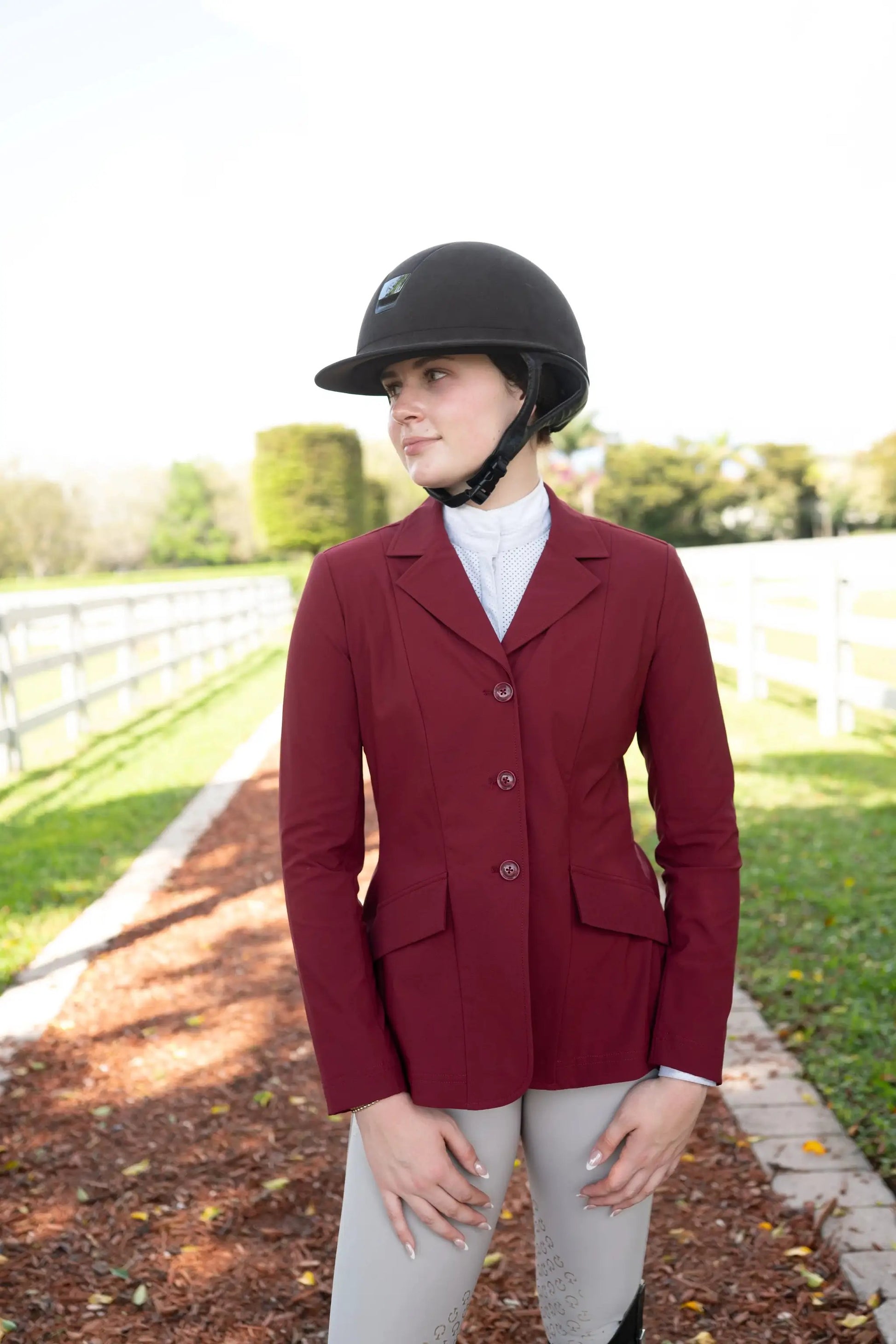 Grand Prix Ladies EQJ 3 Button Show Coat NY Tech Fabric burgundy by Huntley Equestrian on Tampa Home & Garden Store