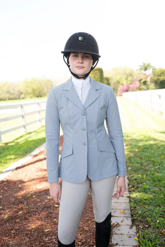 Huntley Equestrian Grand Prix Ladies EQJ 3-Button Show Coat in Cadet Blue with NY Tech Fabric on Tampa Home & Garden Store