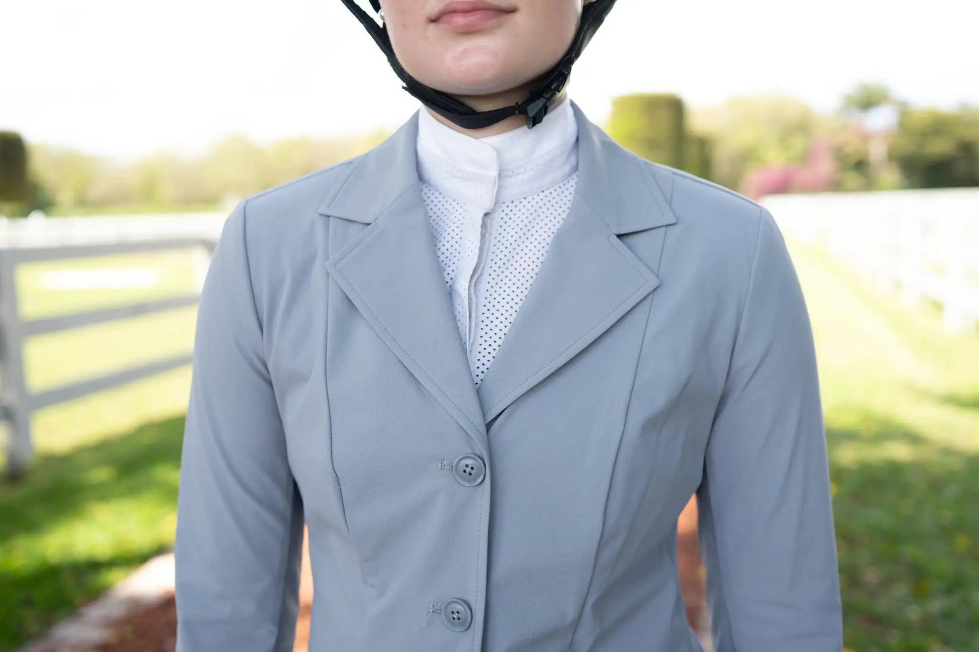 Grand Prix Ladies EQJ 3-Button Show Coat cadet blue NY Tech fabric with lapels on Tampa Home & Garden Store