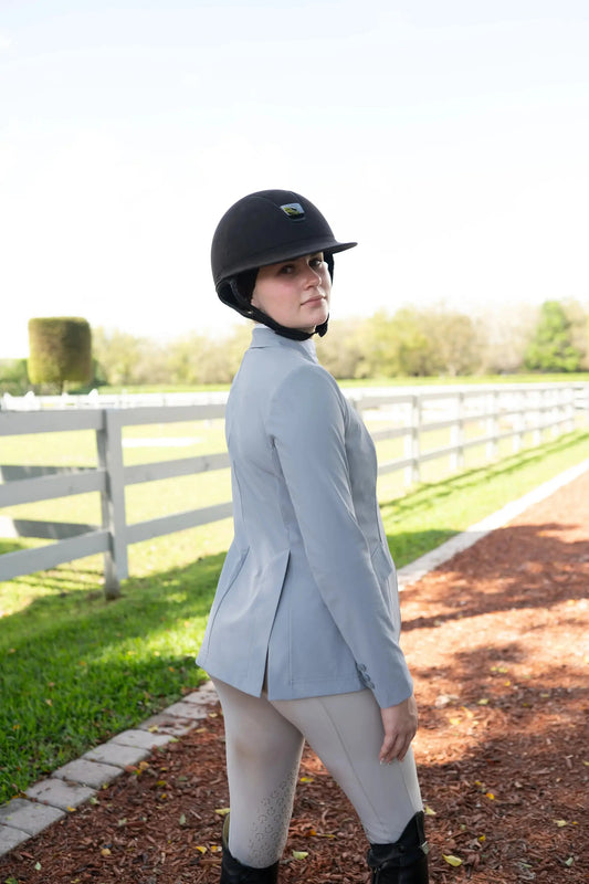 Grand Prix Ladies EQJ 3-Button Show Coat Cadet Blue by Huntley Equestrian worn by rider on Tampa Home & Garden Store