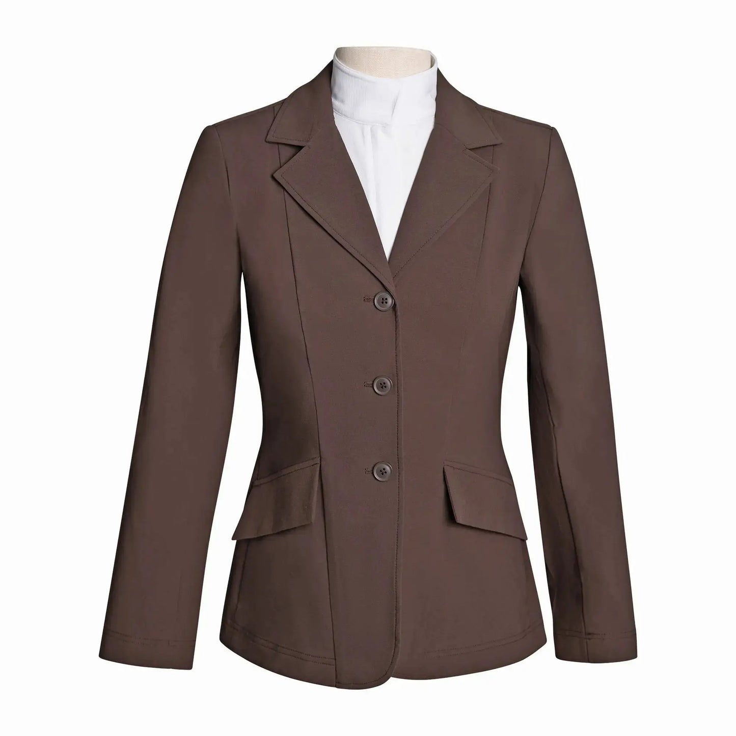 Grand Prix Ladies EQJ 3-Button Show Coat in chocolate NY Tech Fabric by Huntley Equestrian on Tampa Home & Garden Store