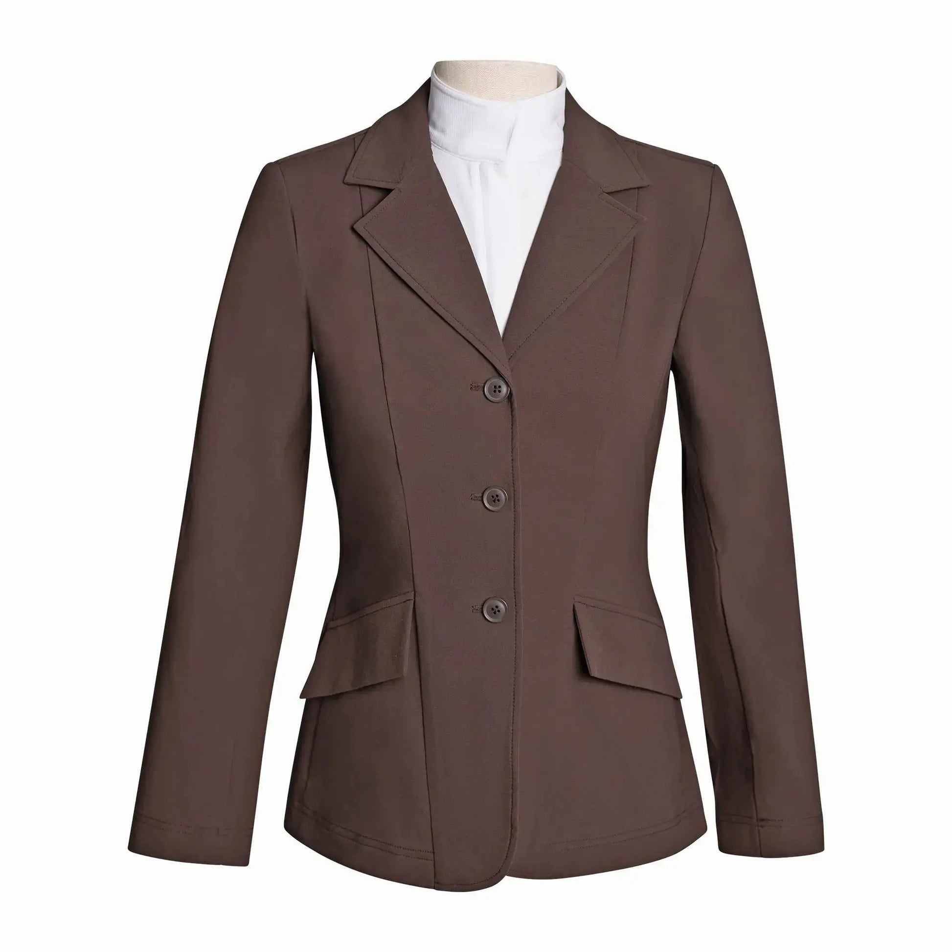 Grand Prix Ladies EQJ 3-Button Show Coat in chocolate NY Tech Fabric by Huntley Equestrian on Tampa Home & Garden Store