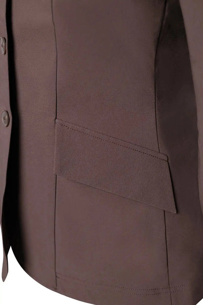 Grand Prix Ladies EQJ 3-Button Show Coat in chocolate NY Tech fabric with pocket flap on Tampa Home & Garden Store