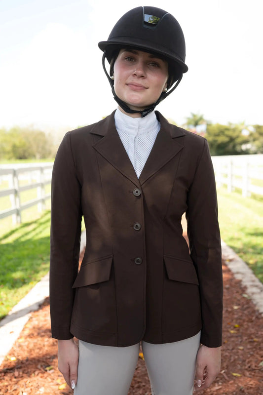 Grand Prix Ladies EQJ 3 Button Show Coat chocolate NY Tech Fabric Huntley Equestrian on Tampa Home & Garden Store