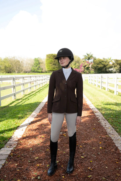 Grand Prix Ladies EQJ chocolate show coat by Huntley Equestrian, 3-button NY Tech fabric on Tampa Home & Garden Store