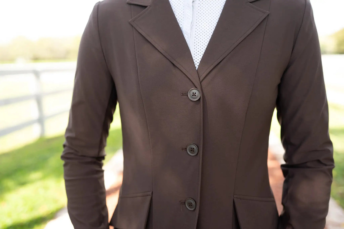 Grand Prix Ladies EQJ chocolate NY Tech Fabric show coat, Huntley Equestrian, 3-button on Tampa Home & Garden Store