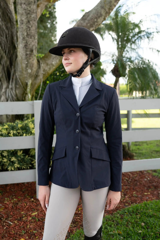 Grand Prix Ladies EQJ 3-Button Show Coat navy NY Tech Fabric by Huntley Equestrian on Tampa Home & Garden Store