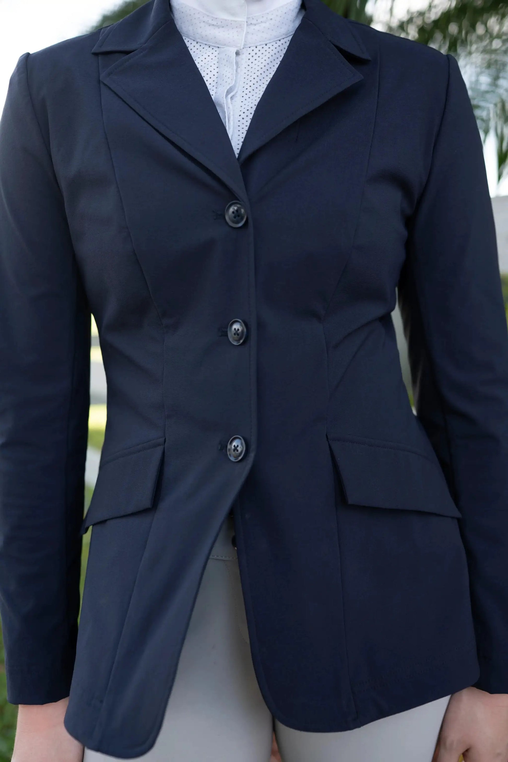 Grand Prix Ladies EQJ 3-Button Show Coat Navy NY Tech Fabric Huntley Equestrian on Tampa Home & Garden Store