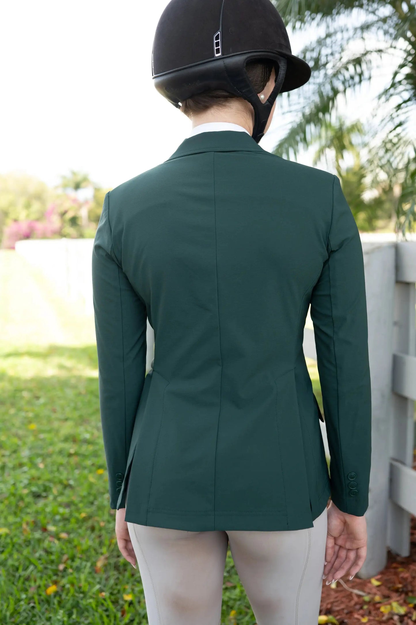 Grand Prix EQJ 3-Button Show Coat New Green NY Tech Fabric Huntley Equestrian back view on Tampa Home & Garden Store