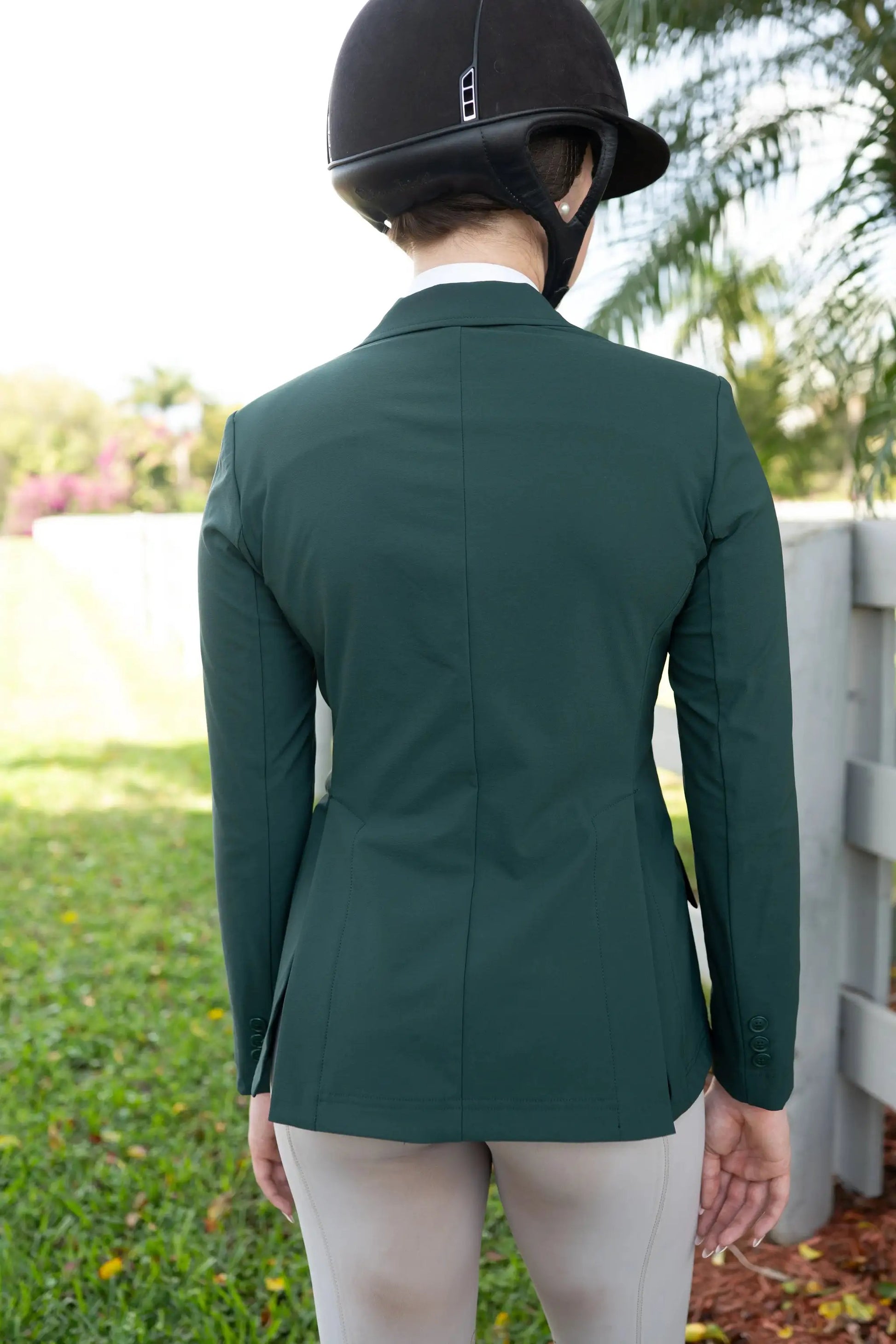Grand Prix EQJ 3-Button Show Coat New Green NY Tech Fabric Huntley Equestrian back view on Tampa Home & Garden Store