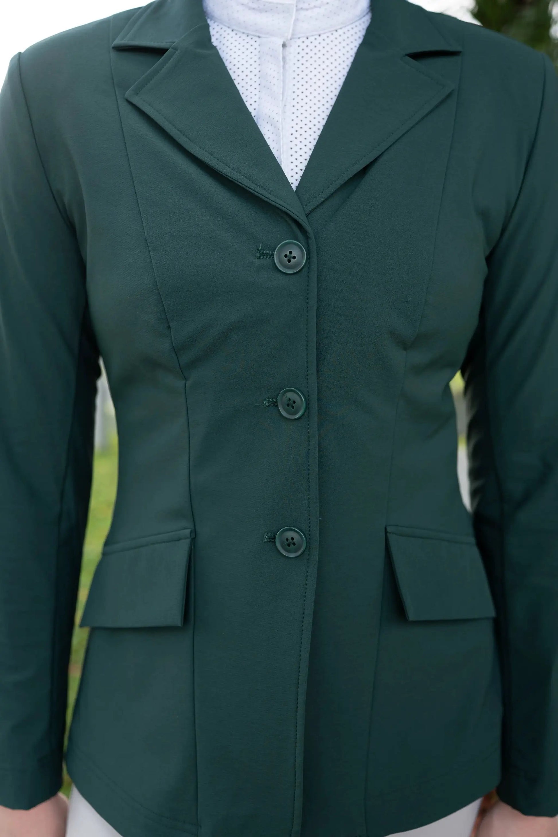 Grand Prix Ladies EQJ 3 Button Show Coat in New Green NY Tech Fabric by Huntley Equestrian on Tampa Home & Garden Store
