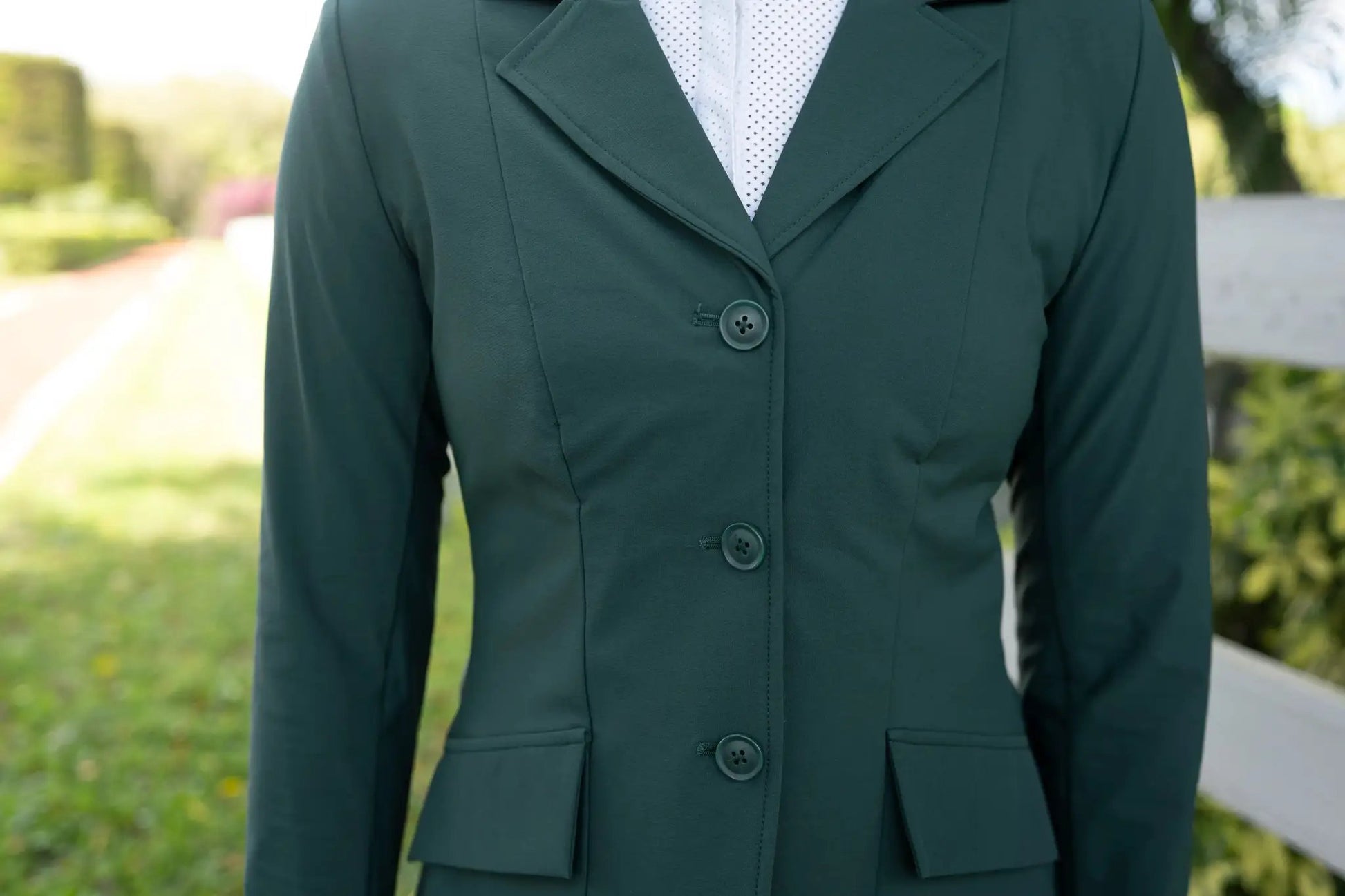 Grand Prix ladies EQJ 3-button show coat in New Green NY Tech fabric by Huntley Equestrian on Tampa Home & Garden Store