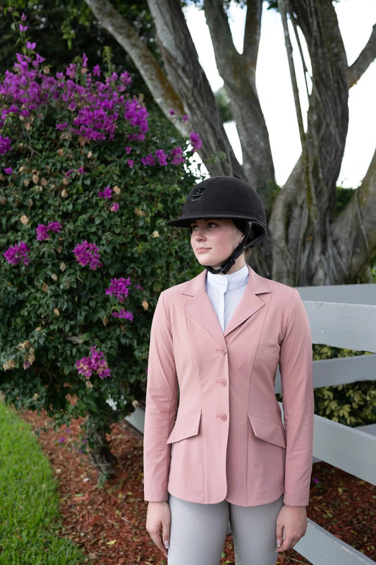 Grand Prix Ladies EQJ Rose NY Tech Fabric Huntley Show Coat worn by rider with black helmet on Tampa Home & Garden Store