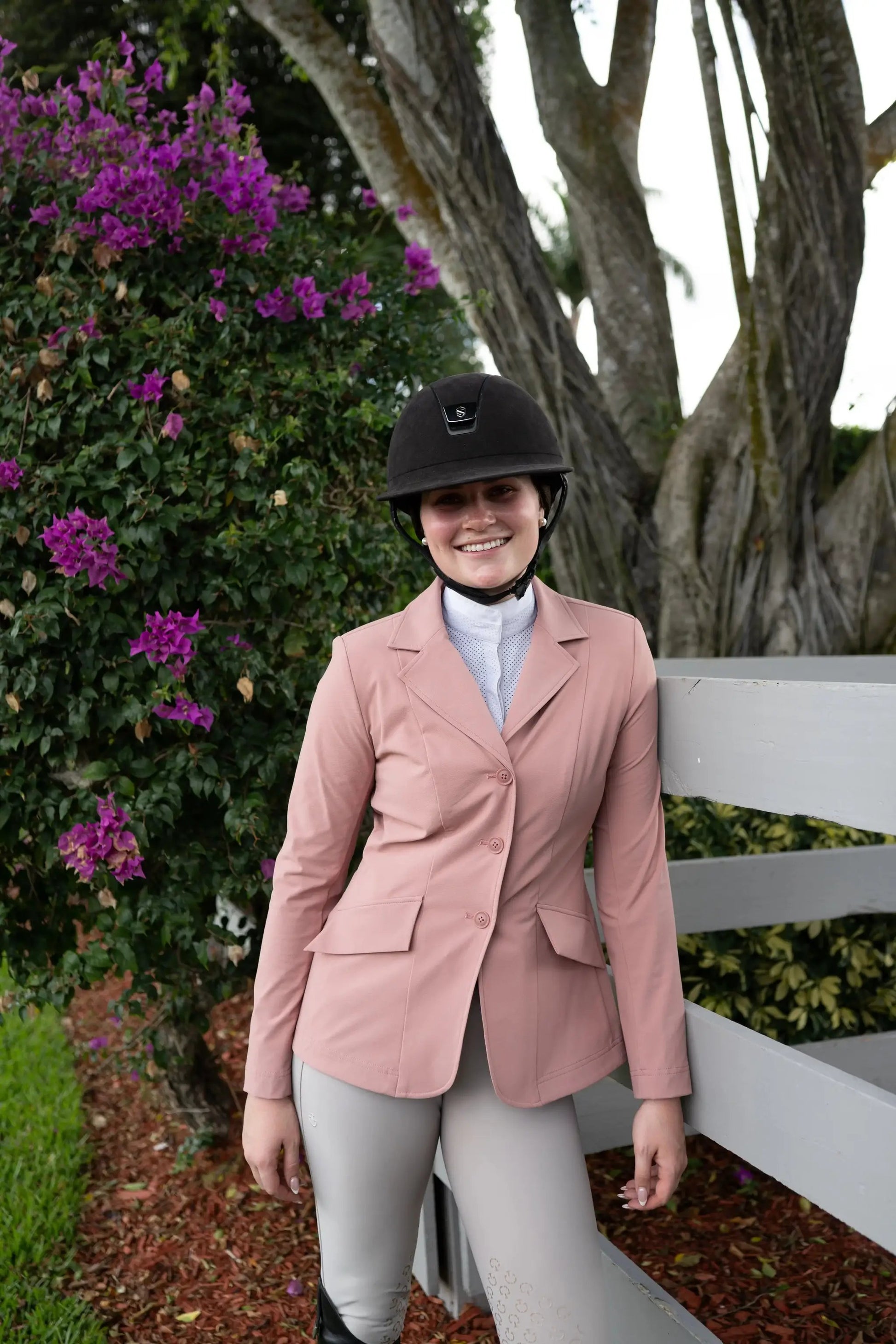 Grand Prix Ladies EQJ 3 Button Show Coat rose pink NY Tech Fabric Huntley Equestrian on Tampa Home & Garden Store