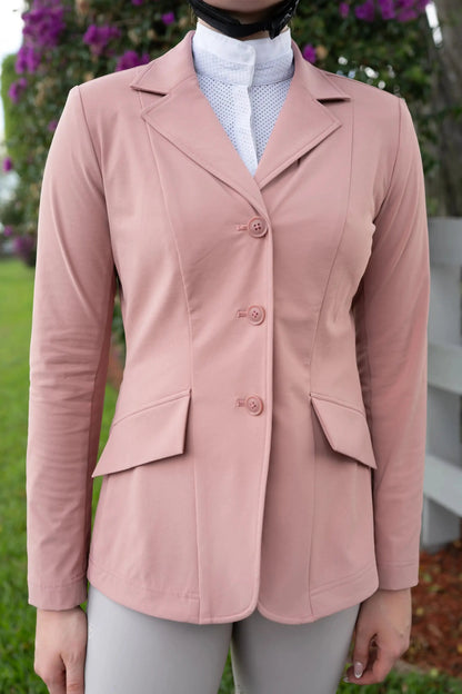 Grand Prix EQJ 3 Button Show Coat rose pink NY Tech Fabric Huntley Equestrian peaked lapels on Tampa Home & Garden Store
