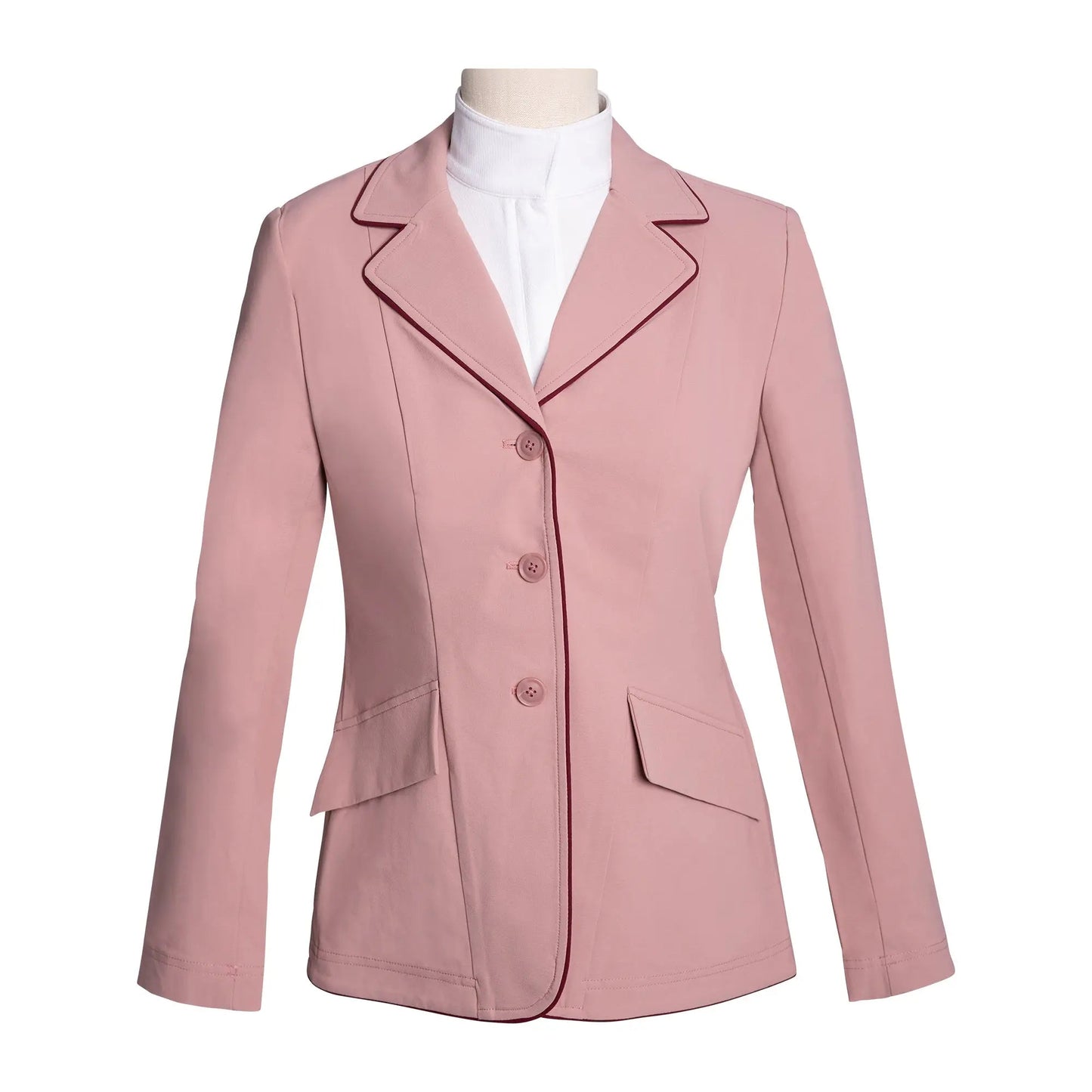 Manteau de concours Grand Prix Ladies EQJ à 3 boutons, rose avec passepoil bordeaux