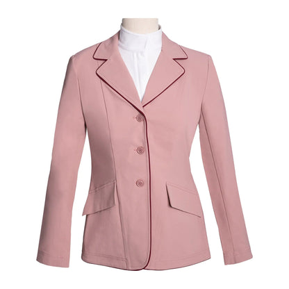 Manteau de concours Grand Prix Ladies EQJ à 3 boutons, rose avec passepoil bordeaux