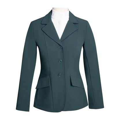 Veste de concours Grand Prix Ladies EQJ à 3 boutons, neuve, verte avec passepoil marine