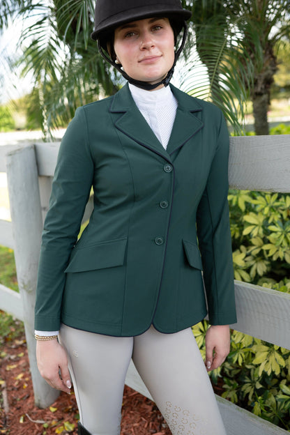 Veste de concours Grand Prix Ladies EQJ à 3 boutons, neuve, verte avec passepoil marine