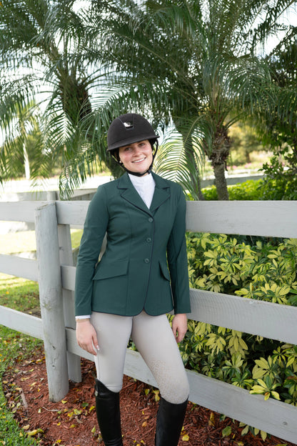 Veste de concours Grand Prix Ladies EQJ à 3 boutons, neuve, verte avec passepoil marine