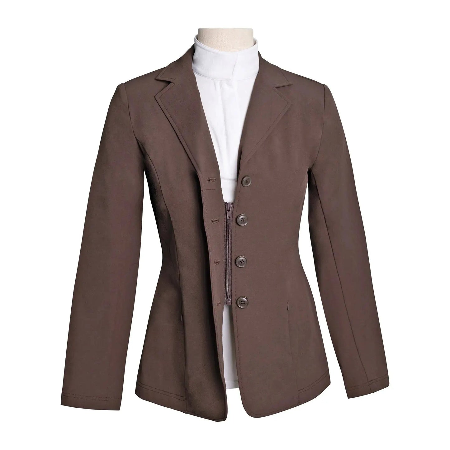 Grand Prix Quinn Show Jacket by Huntley Equestrian chocolate brown 4-button front hidden zipper on Tampa Home & Garden Store