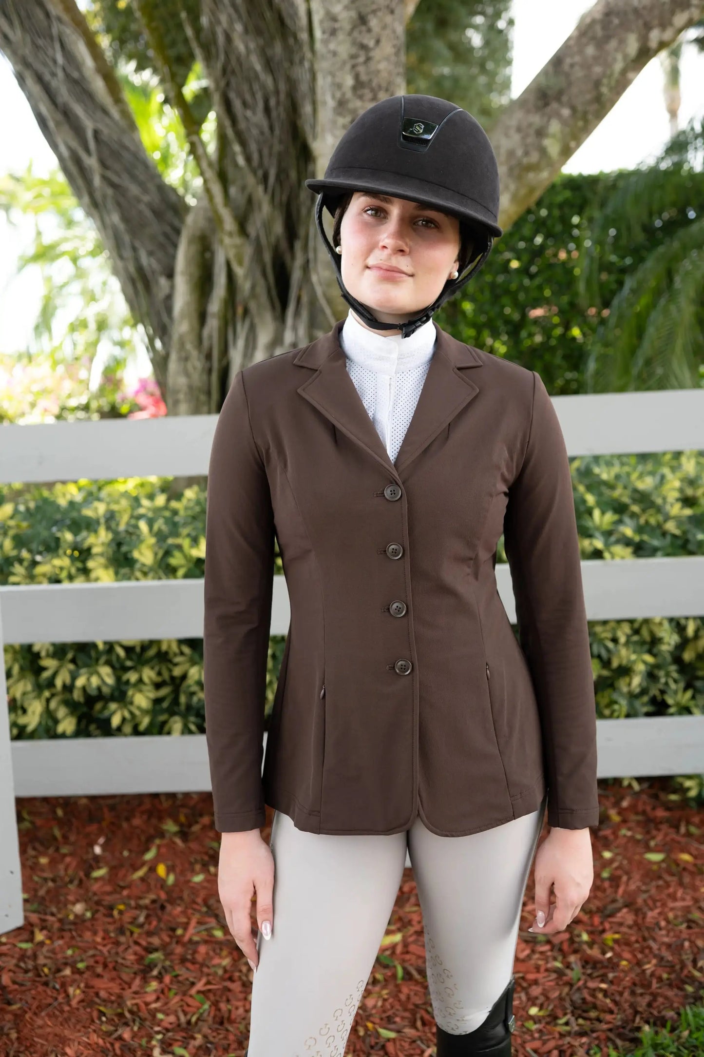 Grand Prix Quinn Show Jacket chocolate brown coat with 4-button front hidden zipper closure on Tampa Home & Garden Store