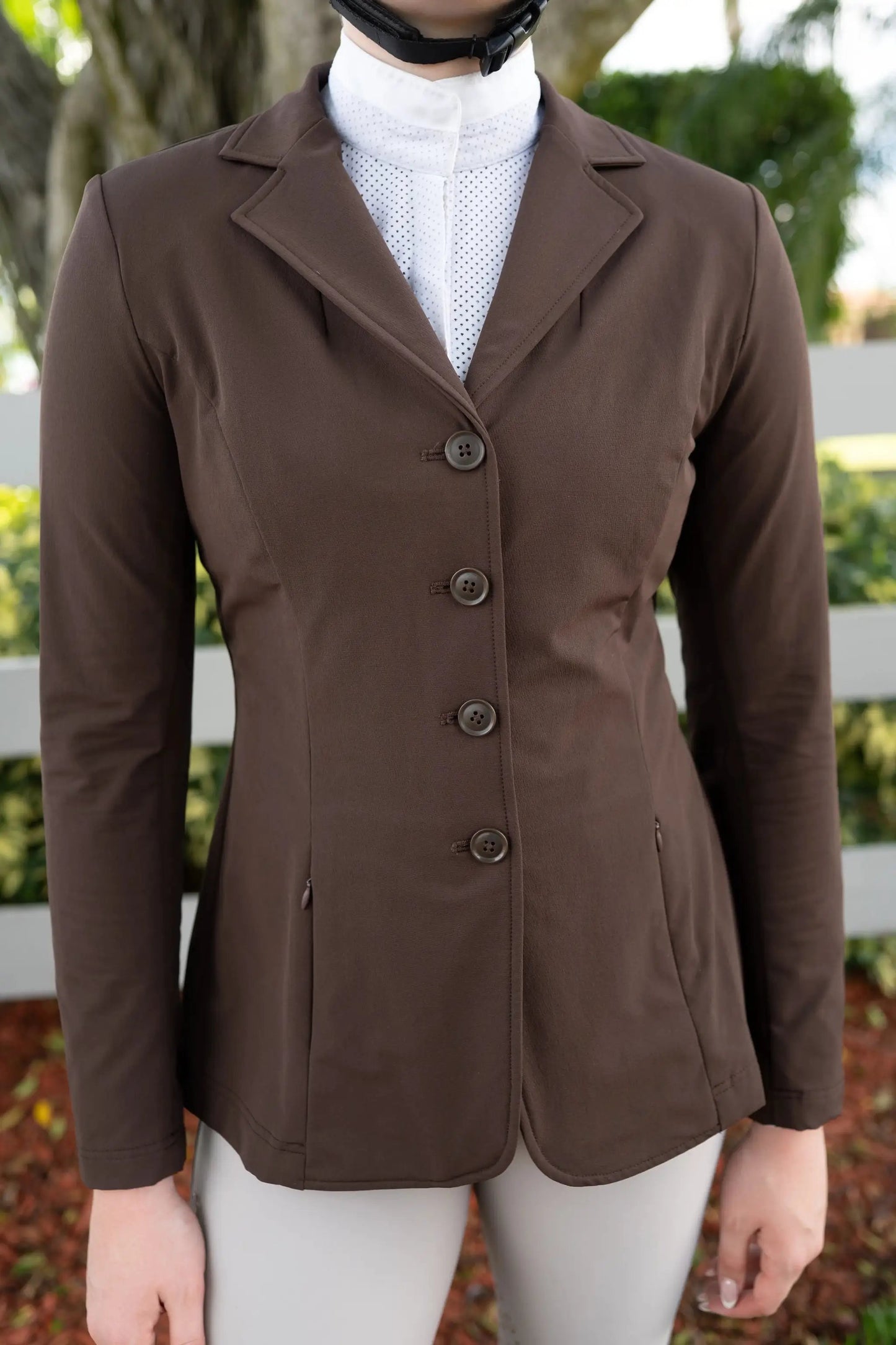 Grand Prix Quinn Show Jacket chocolate brown riding blazer with 4-button front by Huntley on Tampa Home & Garden Store