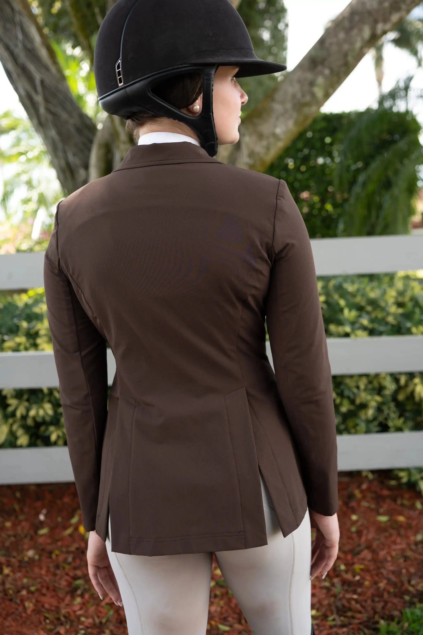 Grand Prix Quinn Show Jacket chocolate brown with 4-button front and hidden zipper closure on Tampa Home & Garden Store