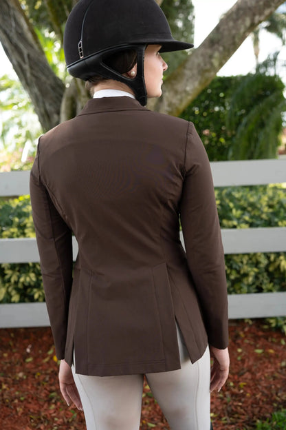 Grand Prix Quinn Show Jacket chocolate brown with 4-button front and hidden zipper closure on Tampa Home & Garden Store