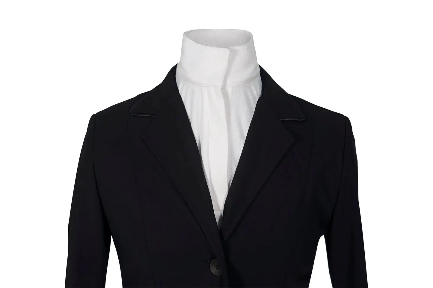 Grand Prix Saltare Dolce 3-Button riding jacket in black with white stock by Huntley Equestrian on Tampa Home & Garden Store