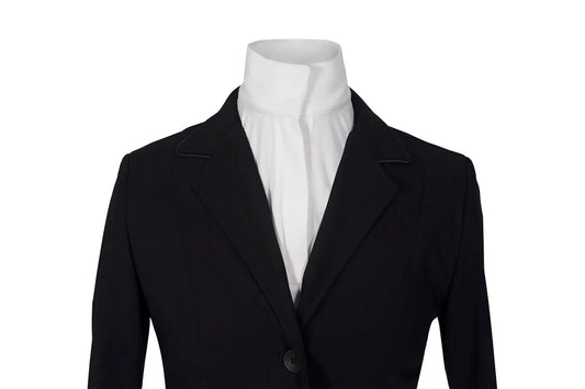Grand Prix Saltare Dolce 3-Button riding jacket in black with white stock by Huntley Equestrian on Tampa Home & Garden Store