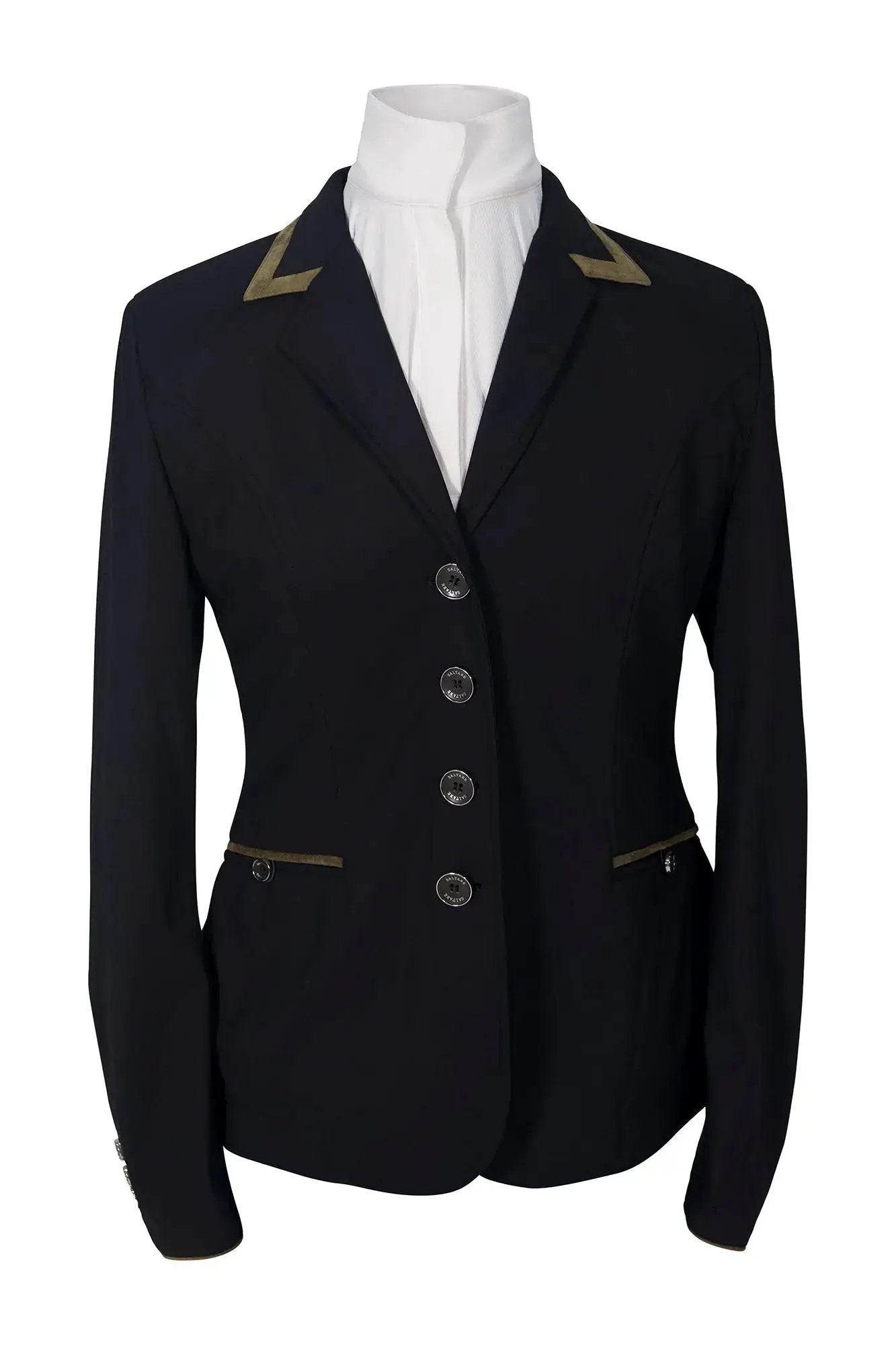 Grand Prix Saltare Premio 4-Button show coat in black with moss green lapel piping on Tampa Home & Garden Store