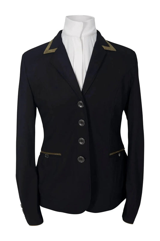 Grand Prix Saltare Premio 4-Button show coat in black with moss green lapel piping on Tampa Home & Garden Store
