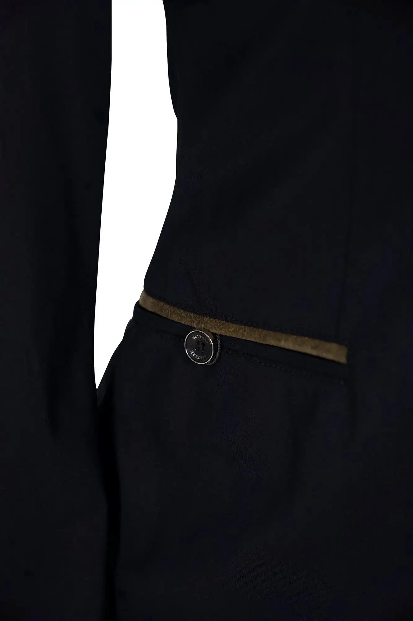 Saltare Premio 4-Button riding show coat, black with moss green belt trim on Tampa Home & Garden Store