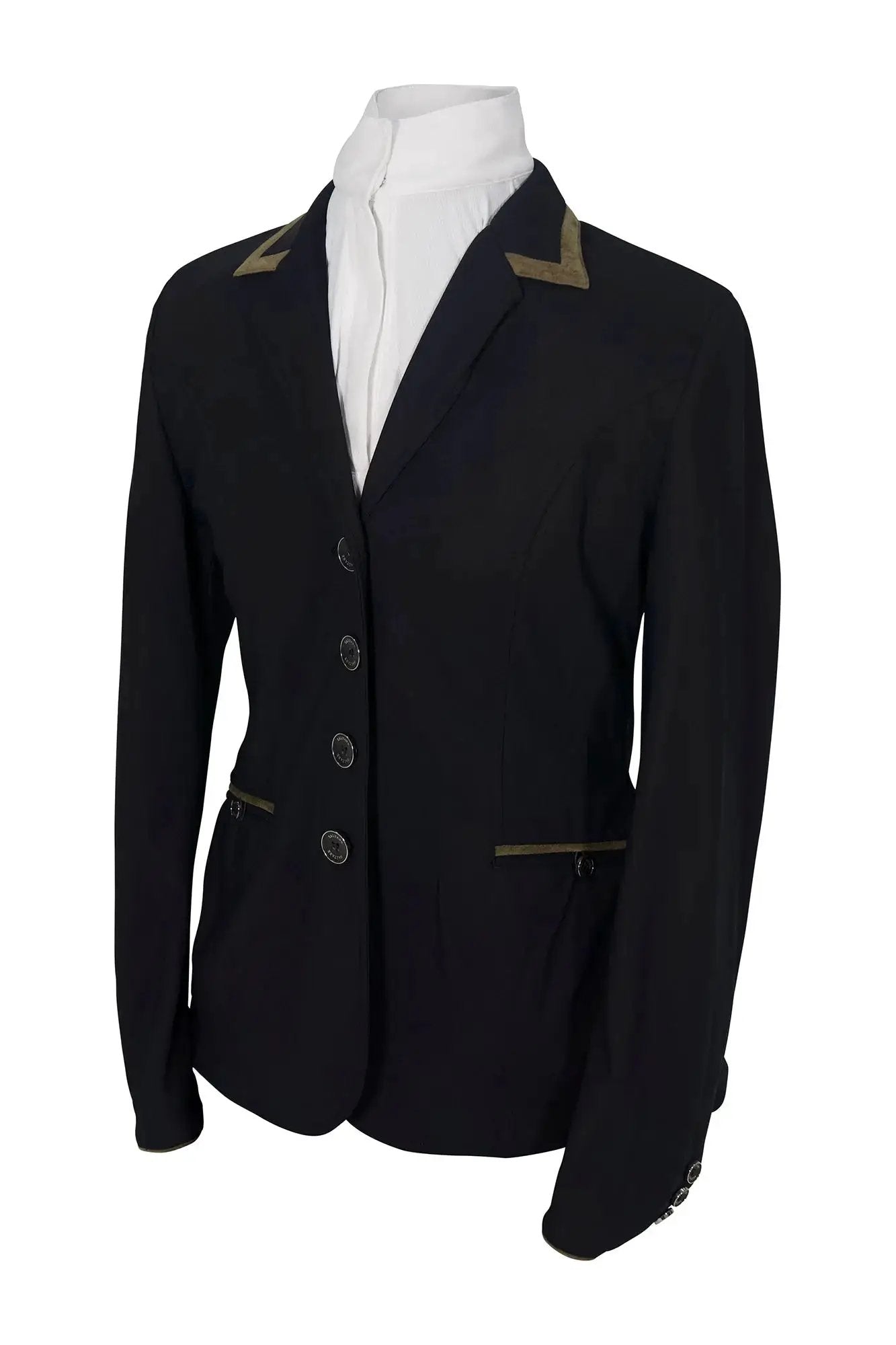 Grand Prix Saltare Premio 4-button riding show coat in black with moss green trim Huntley Equestrian on Tampa Home & Garden Store