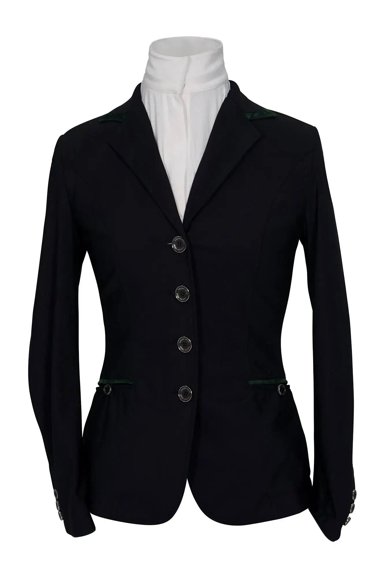 Saltare Premio 4-Button riding show coat black green trim Huntley Equestrian on Tampa Home & Garden Store