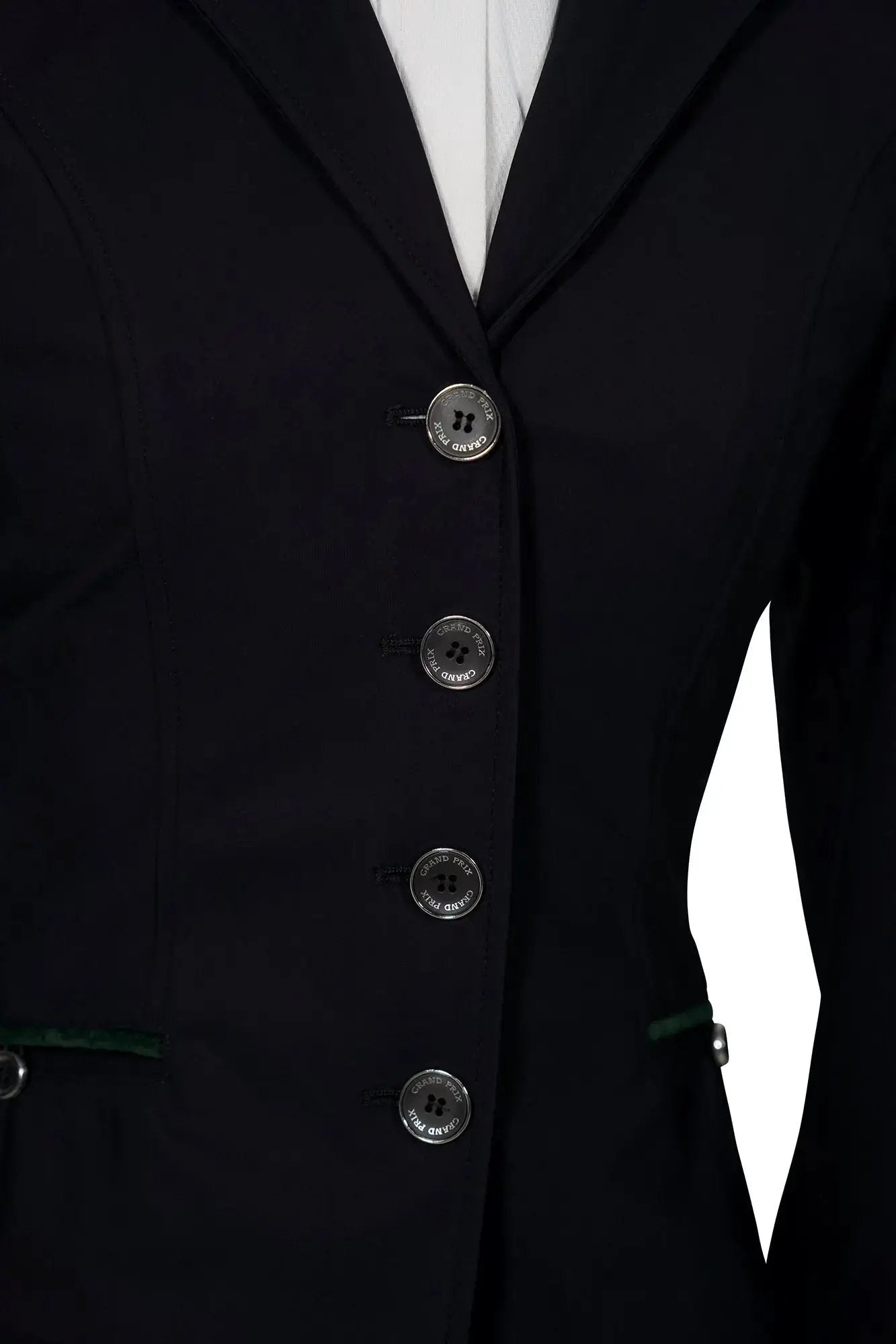 Grand Prix Saltare Premio 4-button riding show coat, black with green trim, Huntley Equestrian on Tampa Home & Garden Store