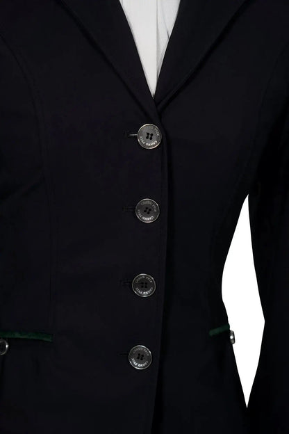 Grand Prix Saltare Premio 4-button riding show coat, black with green trim, Huntley Equestrian on Tampa Home & Garden Store