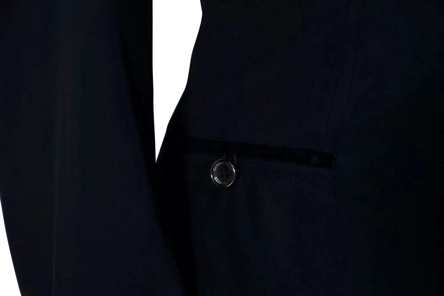 Grand Prix Saltare Premio 4-button navy riding show coat close-up with front metal button detail on Tampa Home & Garden Store