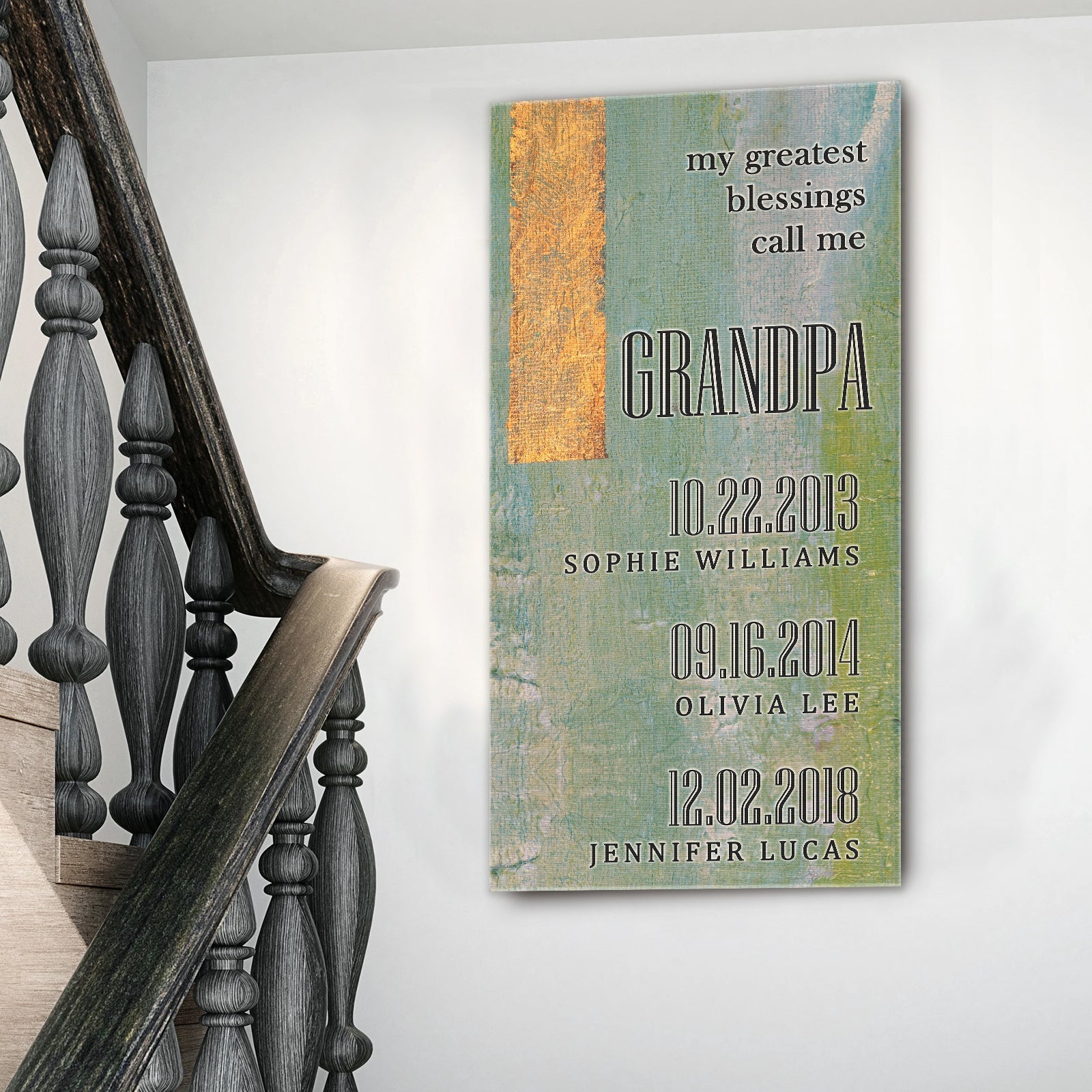 Grandfather's Name Sign canvas with teal background and gold stripe by Tailored Canvases crafting canvas on Tampa Home & Garden Store