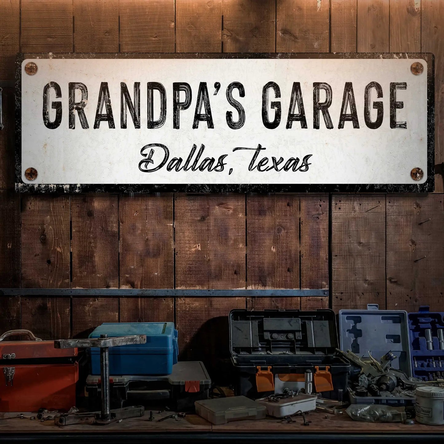 Grandpa's Garage canvas sign in rustic weathered finish with Dallas, Texas text Tailored Canvases on Tampa Home & Garden Store