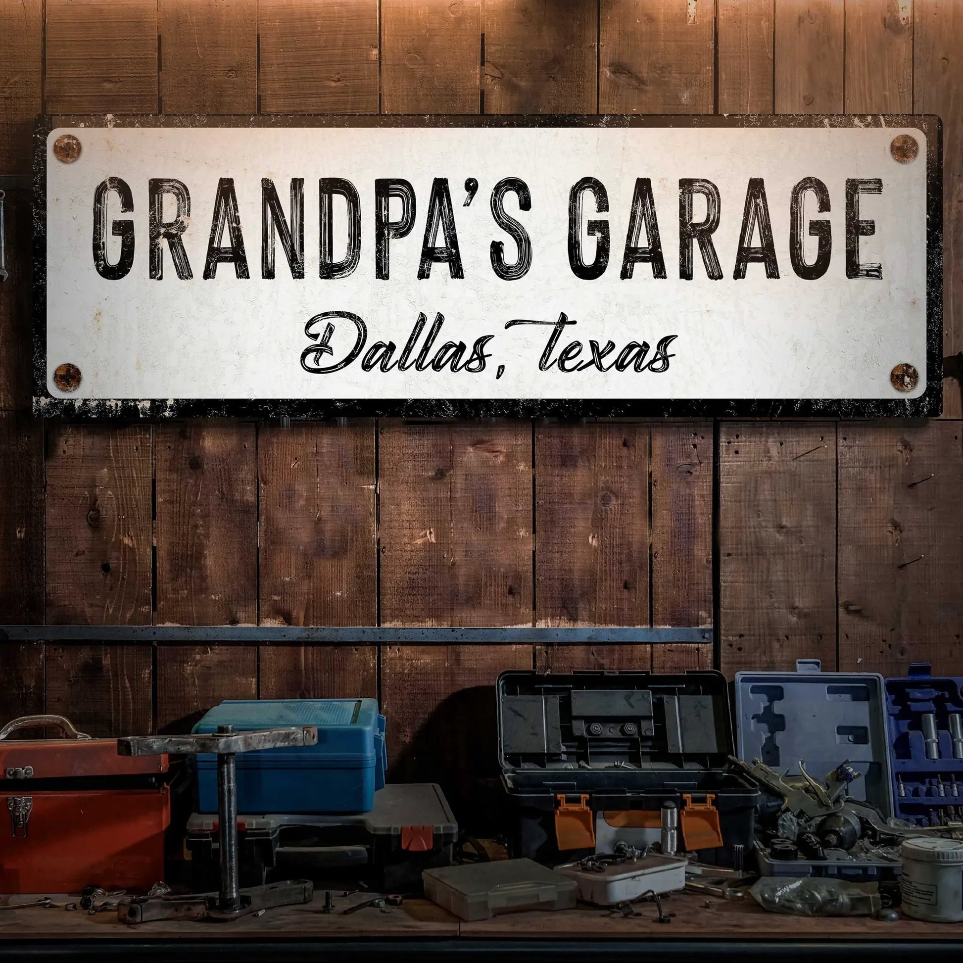 Grandpa's Garage canvas sign in rustic weathered finish with Dallas, Texas text Tailored Canvases on Tampa Home & Garden Store
