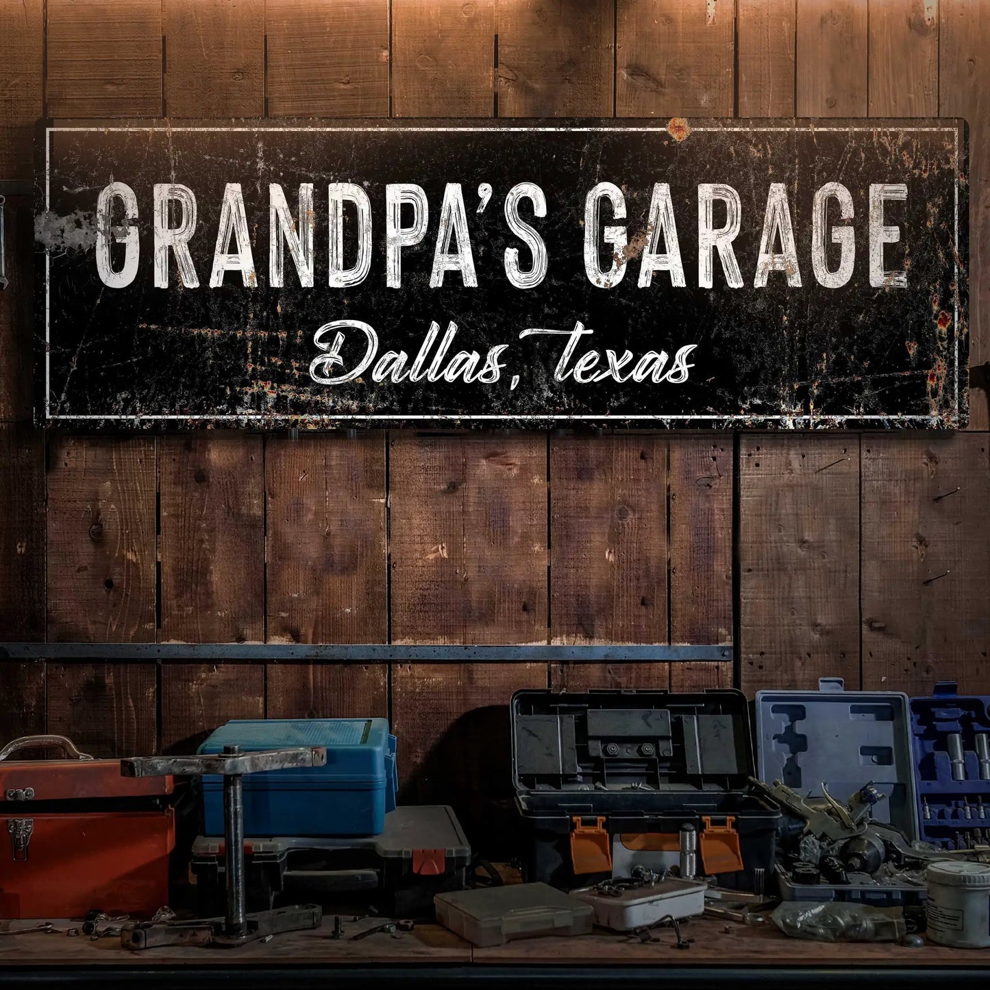Grandpa's Garage canvas sign by Tailored Canvases, black with white lettering, rustic wood on Tampa Home & Garden Store