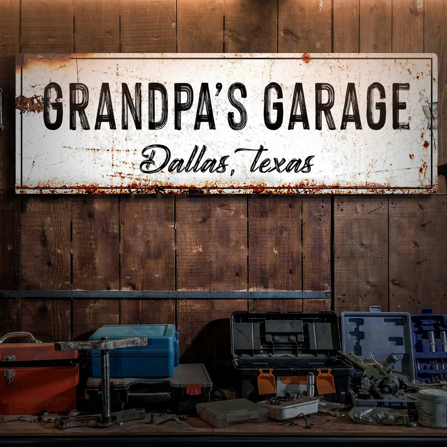Grandpa's Garage sign canvas by Tailored Canvases, white with black lettering Dallas, Texas on Tampa Home & Garden Store